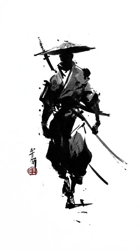 A striking monochrome ink painting depicts a lone samurai, rendered in bold strokes.  He strides forward, his wide-brimmed hat casting a shadow on his face.  Two swords are sheathed, one across his back, the other at his side. The artist's signature is subtly placed in the bottom left. The overall style is minimalist and evocative of traditional Japanese art.