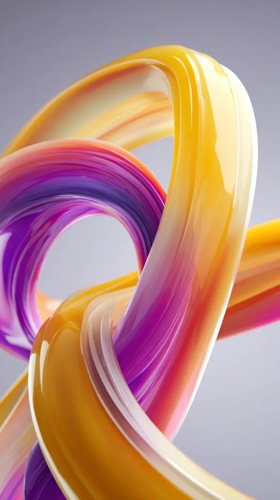 Abstract image showcasing vibrant, glossy ribbons intertwined in a dynamic composition.  The ribbons are predominantly yellow and purple, with subtle color gradients creating a sense of depth and movement.  The smooth, reflective surfaces suggest a liquid or plastic-like material.  The overall effect is one of energetic fluidity and visual interest.