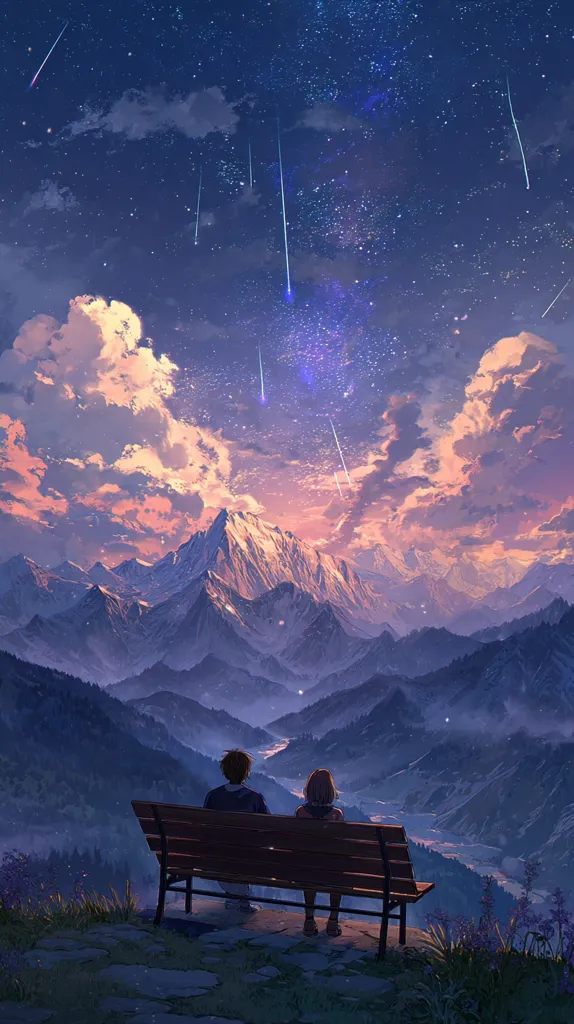 A breathtaking, stylized artwork depicts a couple sitting on a park bench, overlooking a majestic mountain range under a night sky filled with shooting stars.  The vibrant colors of the sunset blend beautifully with the deep blues of twilight. The scene evokes a sense of peace, romance, and wonder, emphasizing the vastness of nature and the intimacy of human connection.