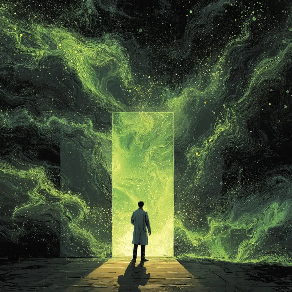 A lone figure in a long coat stands before a luminous green doorway.  The doorway reveals a swirling, nebula-like expanse of vibrant green and dark space, filled with glittering particles. The scene is surreal and evocative, suggesting a threshold to another dimension or reality.  The man's back is to the viewer, creating a sense of mystery and anticipation.