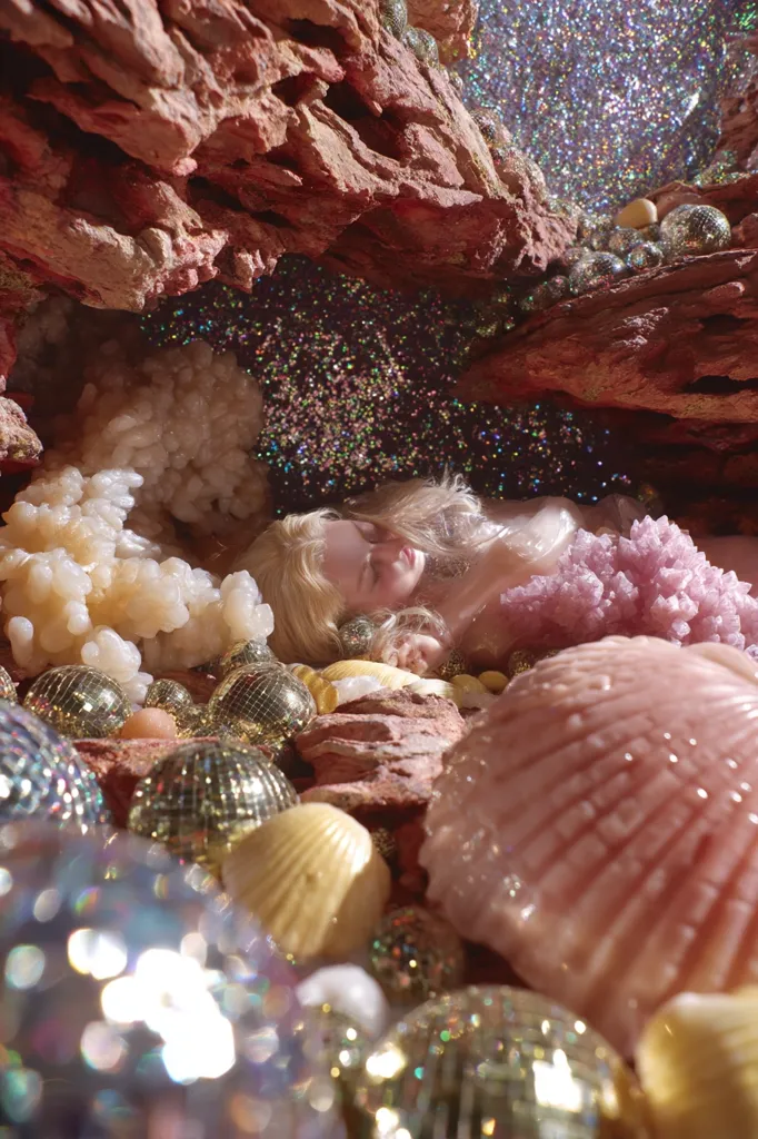 A blonde woman lies nestled within a glittering, rock-like cavern.  She appears ethereal, draped in translucent fabric amidst seashells and sparkling disco balls.  Crystalline formations and a pink, coral-like structure surround her. The overall scene is dreamy and surreal, bathed in a soft, ethereal light.