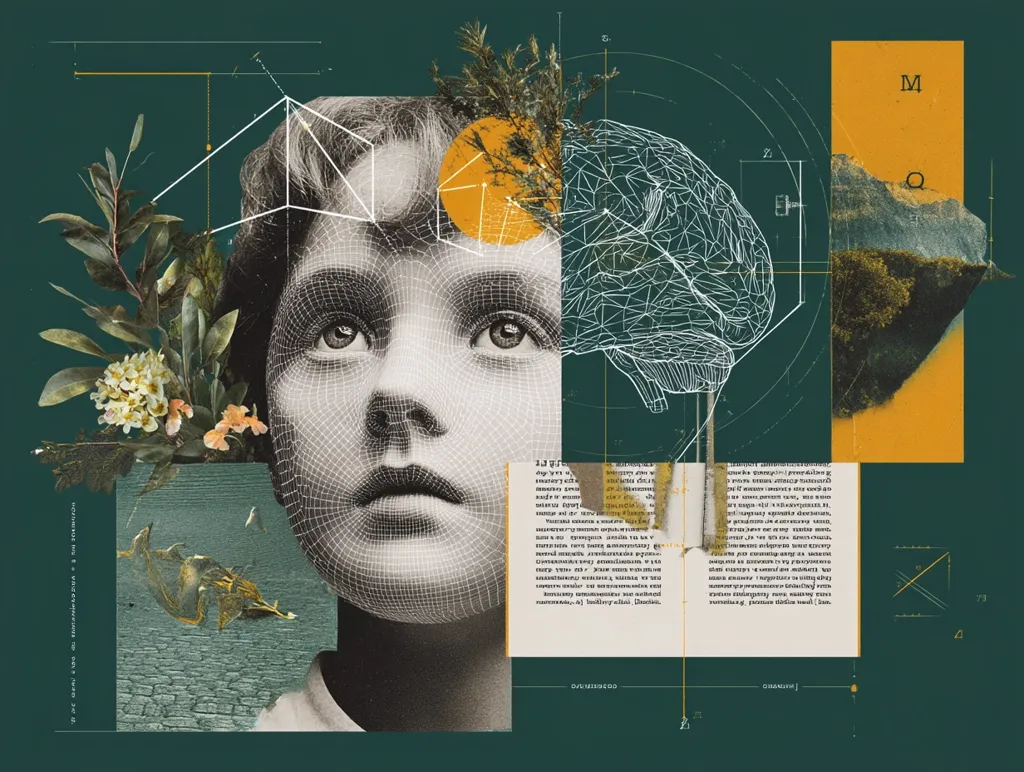 A captivating collage features a wireframe child's face overlaid with botanical elements and a geometric brain.  Sections of text and diagrams are integrated, creating a layered, intellectual feel.  Mustard yellow and teal green color palettes contrast against the grayscale portrait, evoking themes of growth, knowledge, and the intersection of nature and technology. The overall impression is one of thoughtful contemplation and scientific exploration.