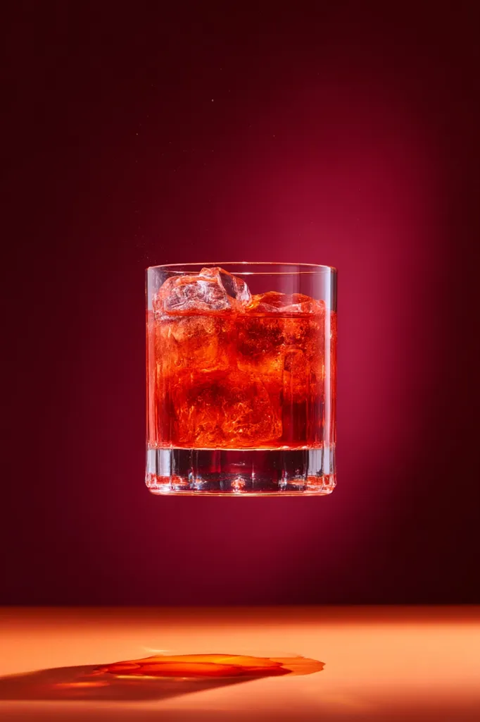 A rocks glass filled with a vibrant red liquid and ice cubes floats against a deep maroon background.  A small puddle of the red liquid sits on an orange surface below, suggesting the glass is momentarily suspended. The image has a dramatic, almost surreal quality due to the contrast of colors and the levitation effect.  The lighting highlights the translucency of the ice and the rich color of the drink.