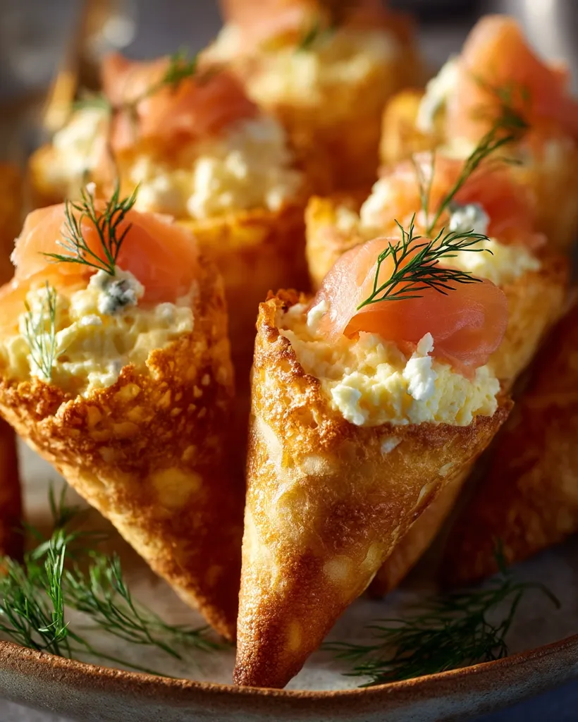 Crispy crepe cones are filled with a creamy mixture of egg, cheese, and crumbled blue cheese, topped with smoked salmon and fresh dill.  These elegant appetizers are arranged on a plate, showcasing their golden-brown color and inviting texture.  They appear light and delicious, perfect for a party or special occasion.