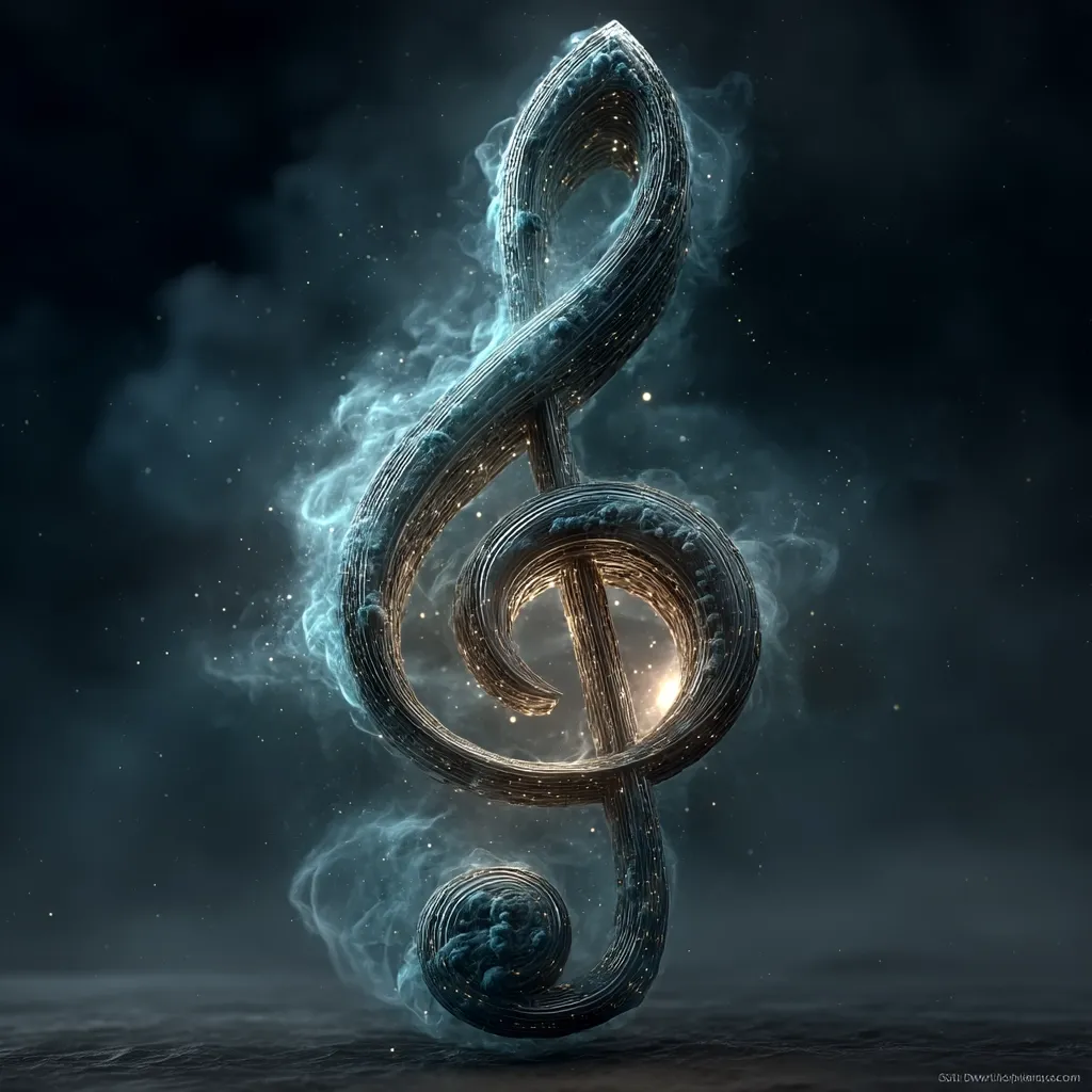 A three-dimensional treble clef is depicted, crafted from intricate, interwoven strands.  The clef glows with an inner light, and is enveloped by ethereal, swirling blue-grey mist. The overall effect is mystical and otherworldly, suggesting the magical power and emotion inherent in music. The dark background enhances the clef's luminescence.