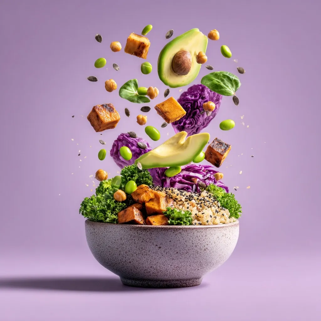 A vibrant bowl of healthy food is shown with ingredients seemingly levitating above it.  The bowl contains quinoa, roasted sweet potatoes, tofu, broccoli, and red cabbage.  Floating above are chickpeas, edamame, avocado slices, and more tofu and seeds. The scene is set against a pale purple background, creating a visually appealing and appetizing image.