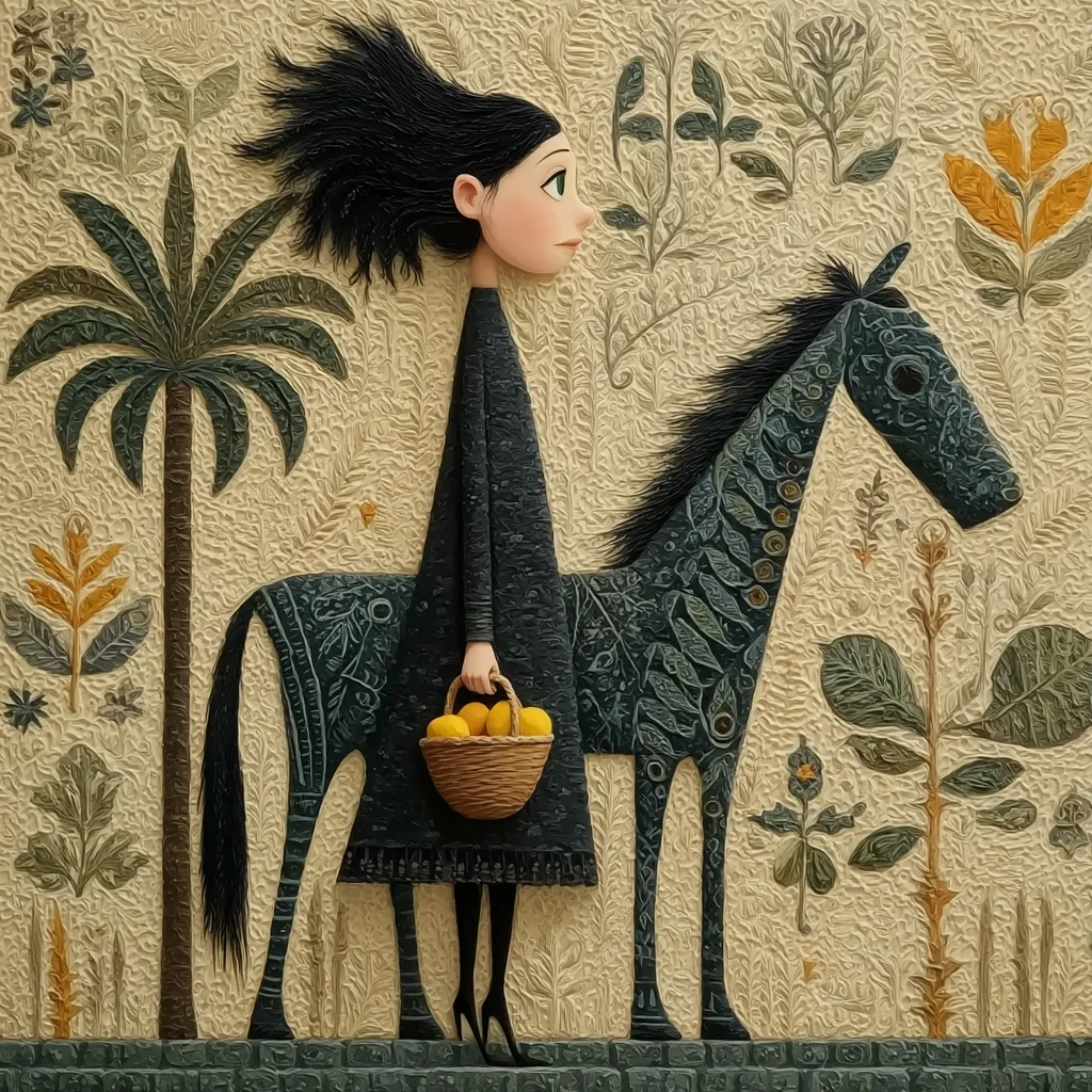 A stylized illustration depicts a girl with windblown black hair riding a dark horse adorned with intricate patterns.  She carries a basket of oranges. The background features a textured, beige surface with stylized flora and palm trees, creating a whimsical, almost folk-art aesthetic. The overall style is reminiscent of children's book illustration or naive art.