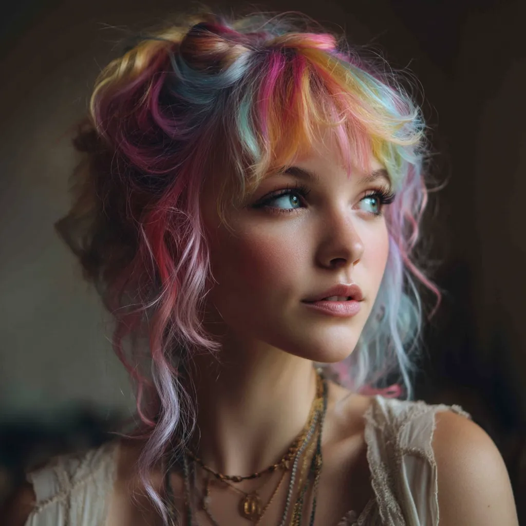 A young woman with vibrant, multicolored hair styled in loose curls looks pensively off to her side.  Her hair incorporates shades of pink, blue, yellow, and teal. She wears a cream-colored, off-the-shoulder top and several layered necklaces.  The image has a soft, slightly moody lighting.