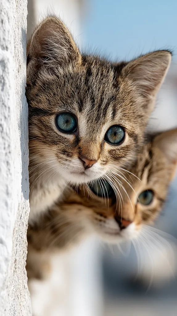 Two adorable tabby kittens peek from behind a white wall.  The kitten in the foreground has striking blue eyes and a soft, fluffy coat. Its sibling is partially visible behind it, also showcasing beautiful blue eyes.  The kittens' curious expressions and soft fur create a heartwarming image. The blurred background suggests an outdoor setting.