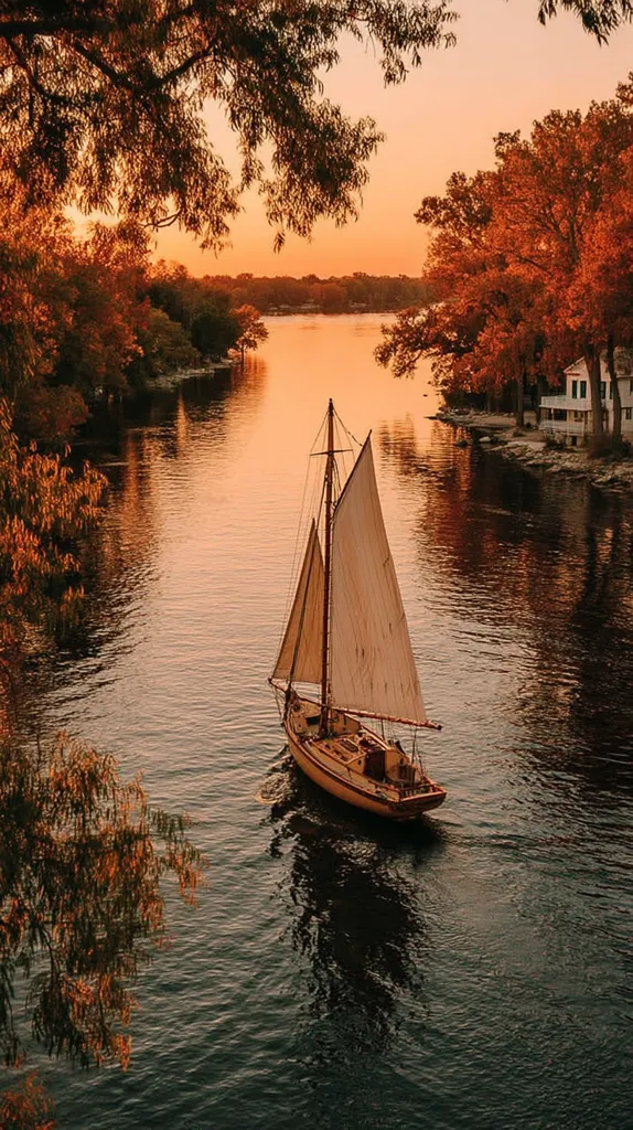 A sailboat glides serenely down a calm river at sunset.  Autumnal hues paint the surrounding trees in shades of orange and red, their branches framing the tranquil scene. The warm sunset light reflects on the water, creating a peaceful and picturesque atmosphere.  The sailboat, with its sails unfurled, appears small yet significant against the vastness of the river and the colorful foliage.
