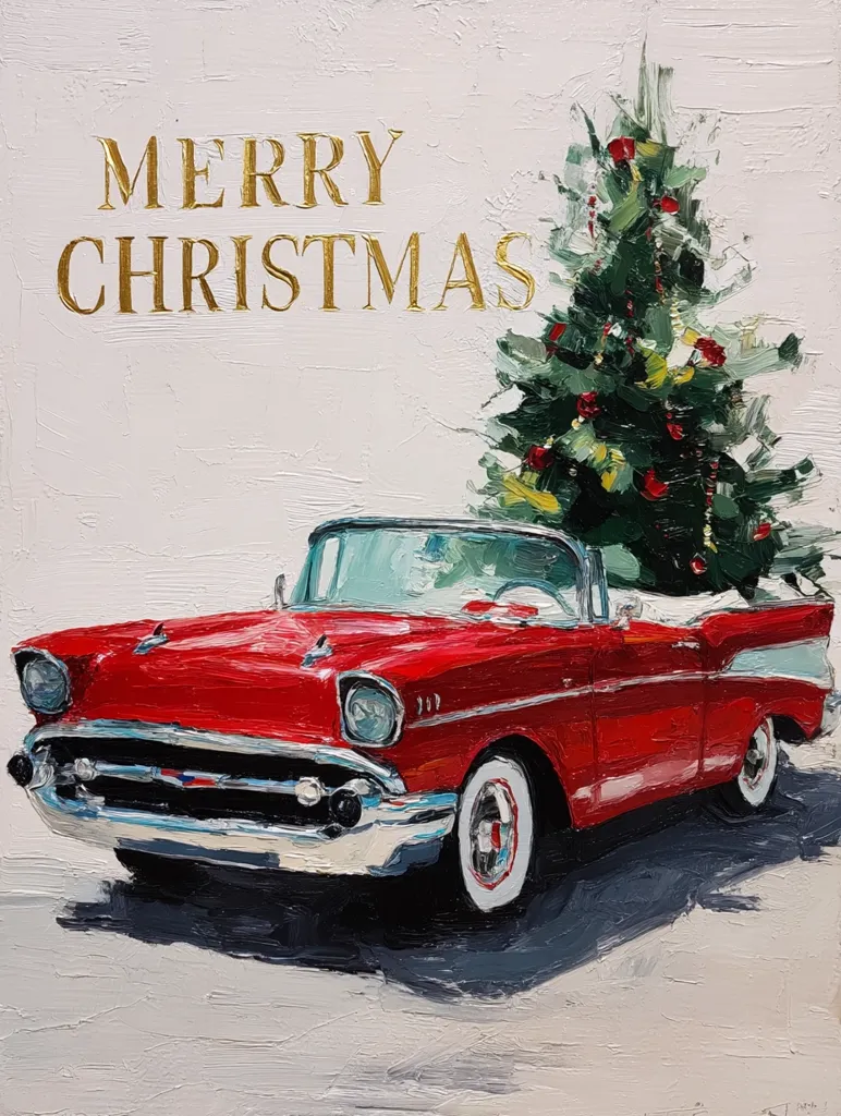 A vibrant painting depicts a classic red convertible car carrying a decorated Christmas tree.  The words "Merry Christmas" are inscribed in gold above the scene.  The style is impasto, with visible brushstrokes adding texture. The overall mood is festive and nostalgic, capturing the spirit of a vintage Christmas.