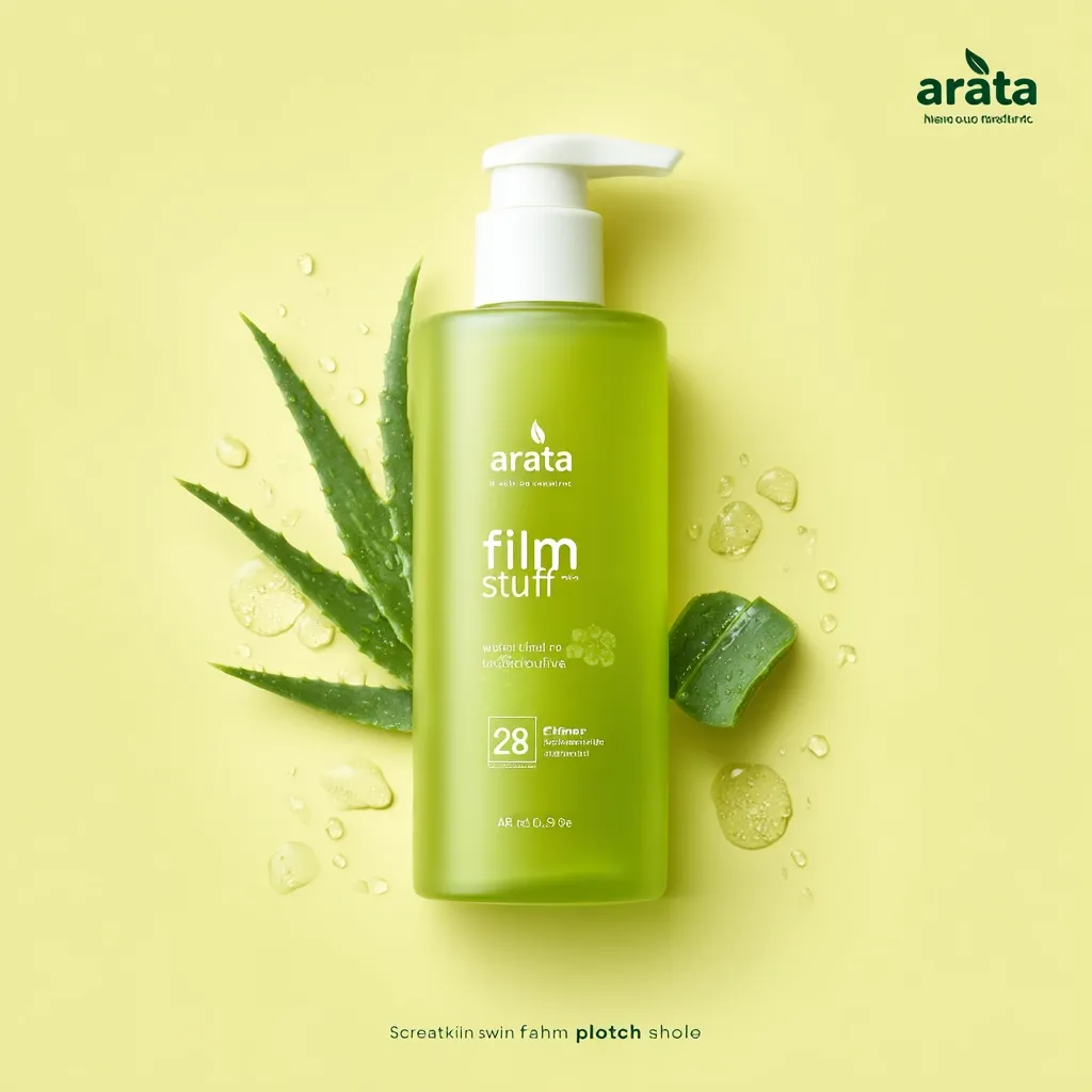 A light green bottle of Arata Film Stuff, a water tint and bacteria-active skincare product, is displayed against a yellow backdrop.  Aloe vera leaves and droplets of liquid surround the pump bottle, emphasizing the product's natural ingredients.  The bottle features minimalist branding and highlights the product's key features. The overall aesthetic is clean, modern, and nature-inspired.
