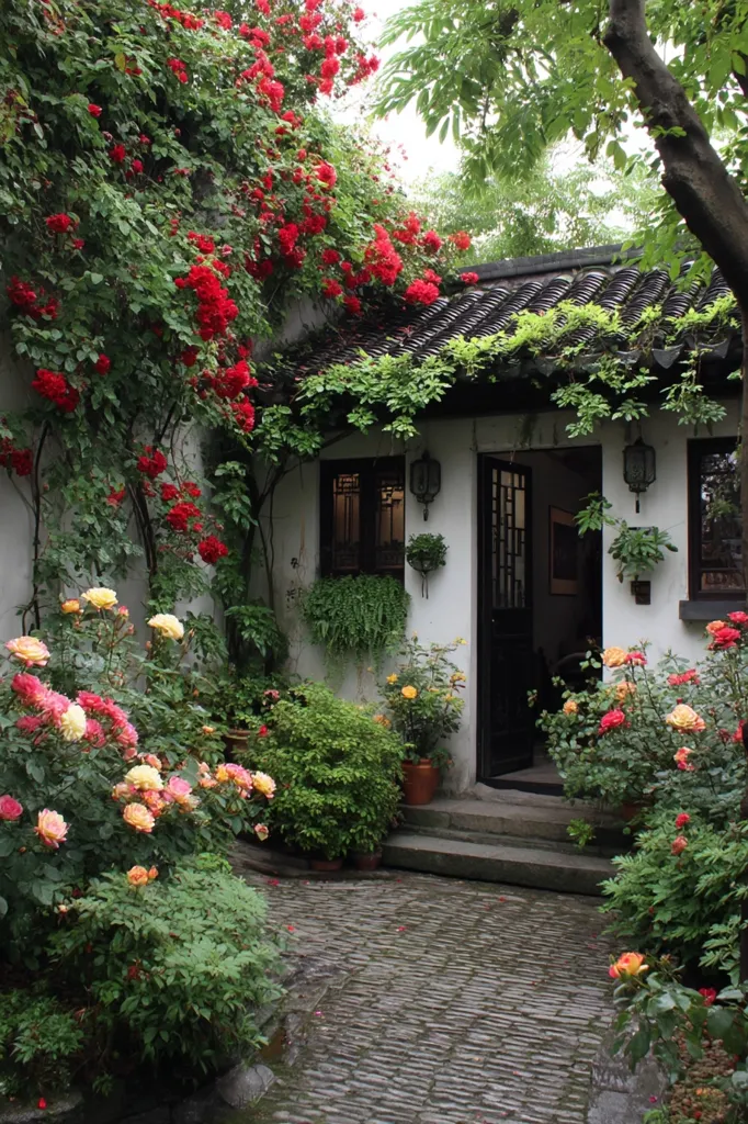 A charming courtyard garden features a whitewashed house with a dark wooden door.  Vibrant red climbing roses cover one wall, while colorful rose bushes and lush greenery fill the stone-paved pathway.  Potted plants add to the abundance of flora, creating a peaceful and picturesque scene. The traditional-style house adds a touch of Asian architectural influence to the tranquil setting.