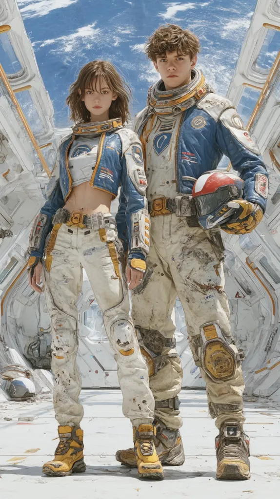 A young man and woman, dressed in futuristic, worn space suits, stand in a spaceship corridor.  Their suits are predominantly white and off-white, accented with blue and gold detailing.  The woman has short brown hair and the man has short brown, slightly curly hair.  They both wear yellow boots, and the man holds a helmet. The background reveals a view of Earth from space.