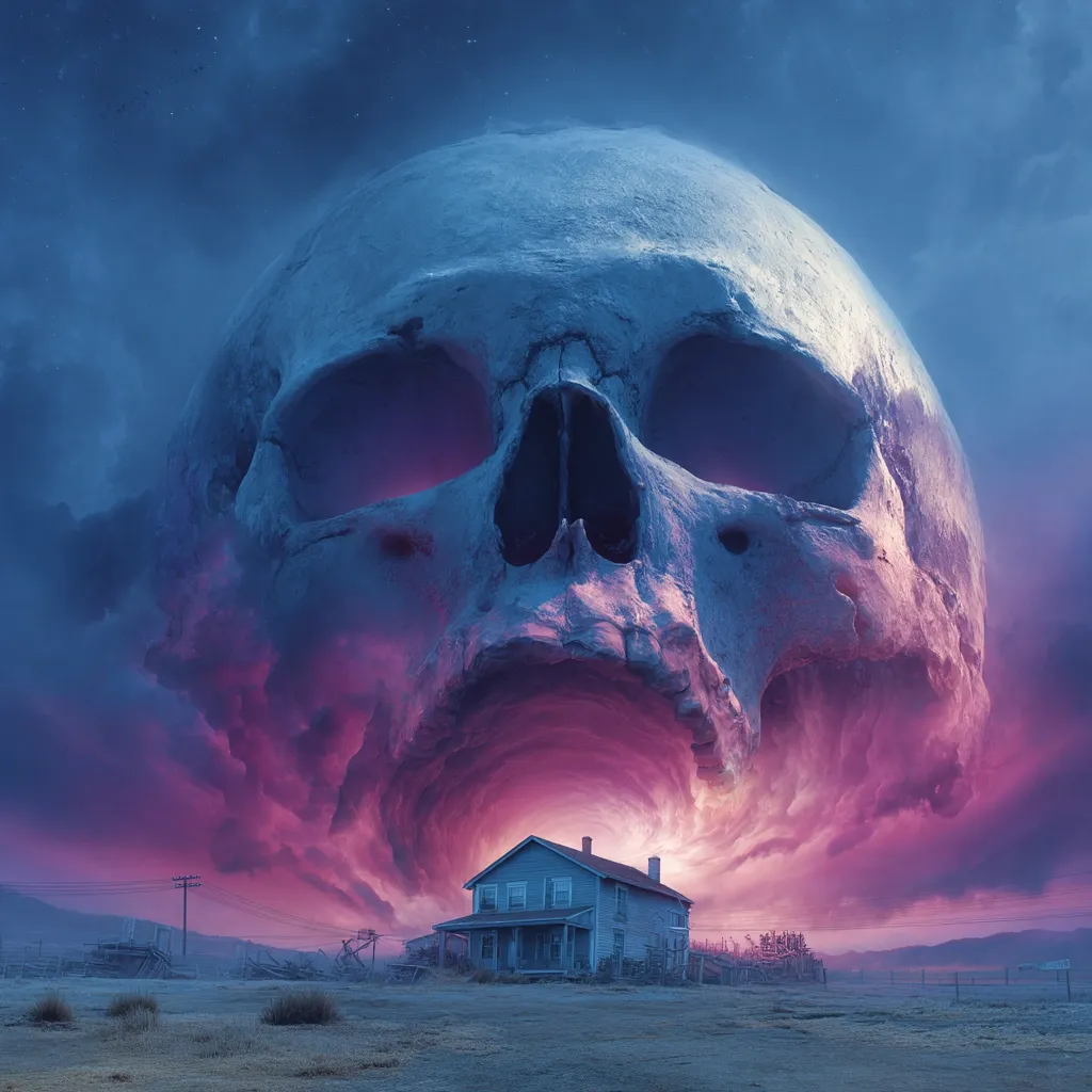 A colossal skull, rendered in shades of blue and purple, dominates the twilight sky.  Its gaping maw forms a vortex leading to a small, lonely house situated on a desolate plain. The scene is surreal and ominous, blending fantasy and a sense of impending doom.  The vast skull looms over the house, creating a dramatic and unsettling juxtaposition.