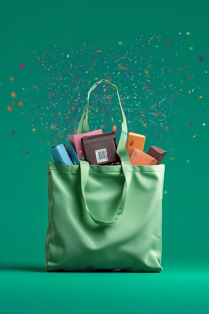 A light green tote bag sits against a teal background, overflowing with colorful gift boxes and surrounded by a burst of confetti.  The presents are various shapes and sizes, hinting at a celebratory occasion. The image conveys a feeling of joy and festivity, possibly related to gifting or a special event.