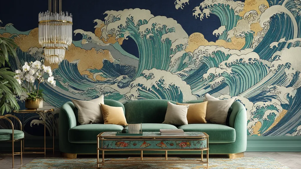 A teal velvet sofa sits against a dramatic wallpaper depicting a Great Wave-inspired print in shades of teal, gold, and white.  The room is accented with gold metal furniture, a crystal chandelier, and a vase of white orchids. The overall aesthetic is luxurious and incorporates elements of Art Deco and Japanese design.  A low, ornate coffee table completes the scene.