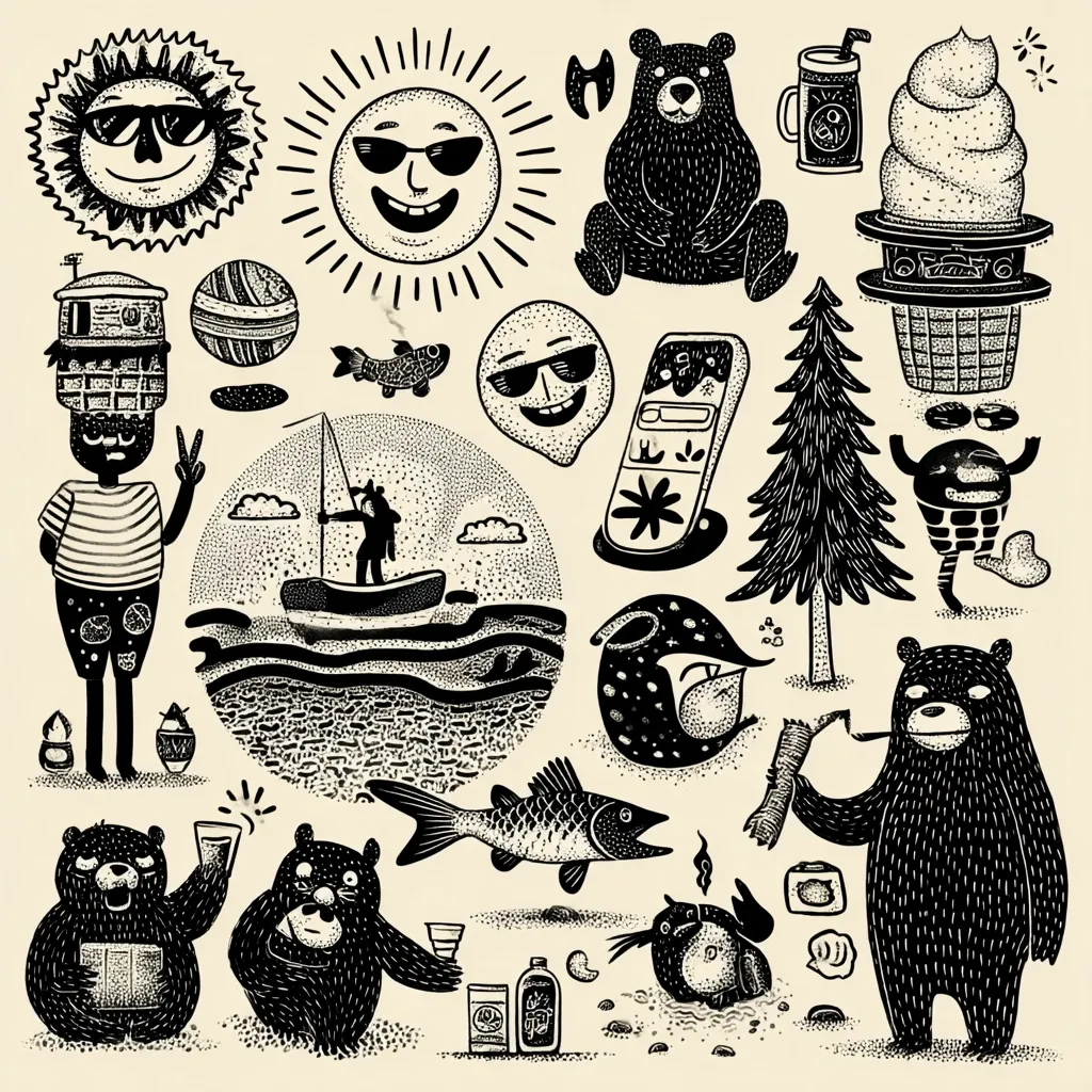 A collection of whimsical black and white illustrations on a beige background.  The images include smiling suns wearing sunglasses, bears, a person fishing in a boat, ice cream, a quirky character, a cell phone, and various other playful objects and creatures.  The style is reminiscent of linocut prints or stippling, with a textured, hand-drawn feel.  The overall mood is lighthearted and fun.