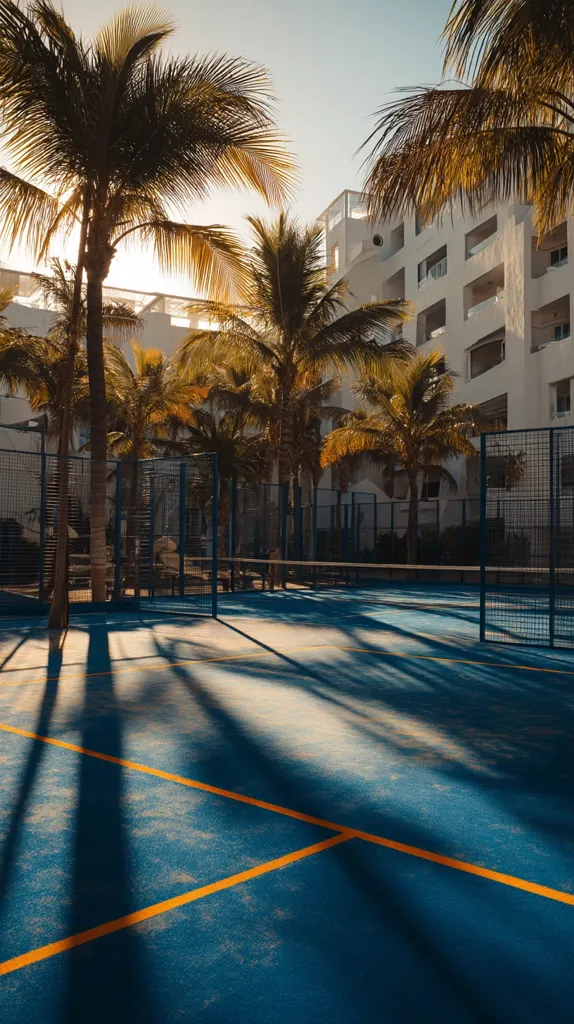 A blue padel tennis court is bathed in sunlight, casting long shadows from surrounding palm trees.  The court is enclosed by a wire fence.  Behind the court, a modern, white building stands, partially obscured by the lush tropical foliage.  The scene evokes a feeling of relaxed, sunny luxury.