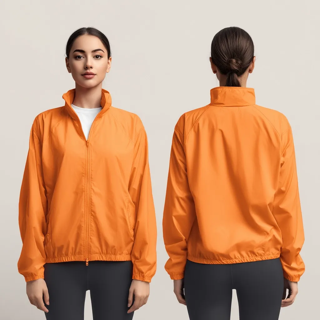 A vibrant orange lightweight jacket is showcased from both the front and back.  A woman models the jacket, revealing its zip-up front, relaxed fit, and cinched hem.  The simple, unadorned design highlights the jacket's casual yet versatile style, suitable for layering or wearing on its own.  The solid color and clean lines make it a blank canvas for potential customization or branding.