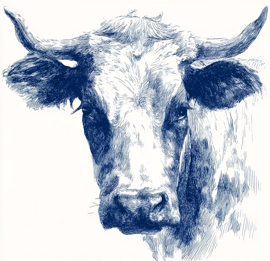 A detailed pen-and-ink drawing of a cow's head. The cow is depicted in a profile view, showcasing its large horns, expressive eyes, and textured fur.  The artist's meticulous lines create a sense of depth and realism, capturing the animal's features with precision. The monochromatic blue ink adds a classic and elegant feel to the artwork.
