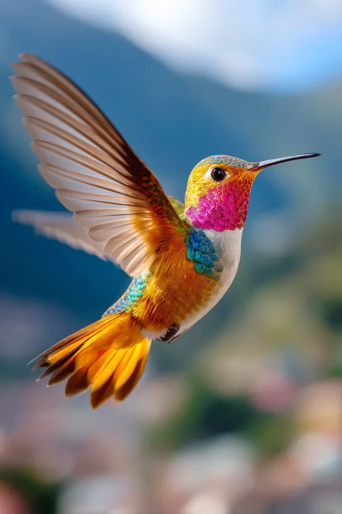 A vibrant hummingbird, with wings outstretched, hovers in mid-flight against a blurred mountain backdrop. Its plumage is a stunning array of colors:  golden-orange, deep teal, and a striking pink gorget.  The bird's long, slender beak is pointed slightly downward, and its tiny feet are tucked neatly beneath its body.  The scene captures the bird's incredible agility and the beauty of its iridescent feathers.