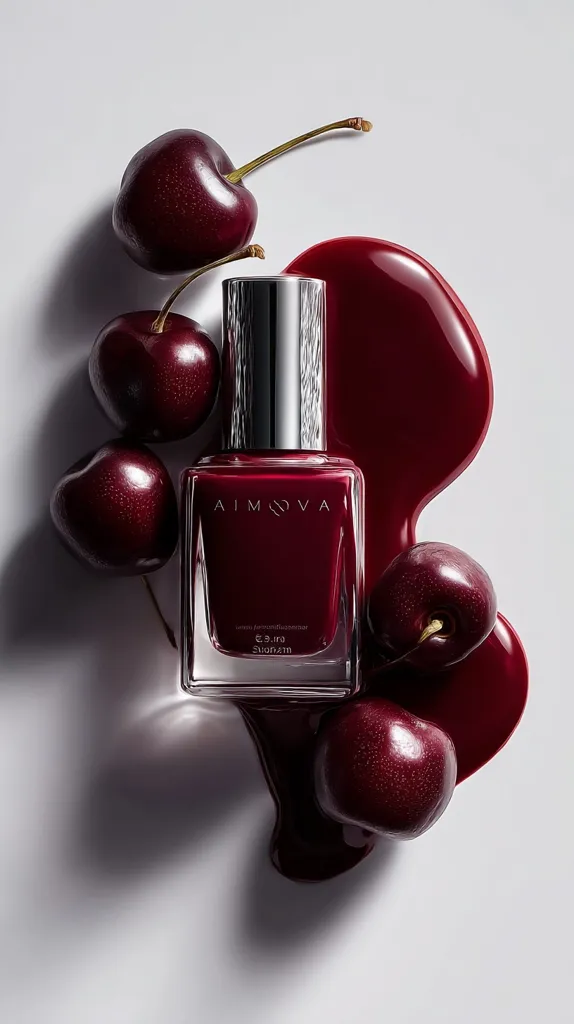 A bottle of Aimcova nail polish in a deep burgundy shade is displayed.  Surrounding the bottle are several dark red cherries, and a pool of the nail polish spills artistically across the surface, mirroring the rich color of the fruit. The overall aesthetic is luxurious and sophisticated, emphasizing the deep, jewel-toned color.