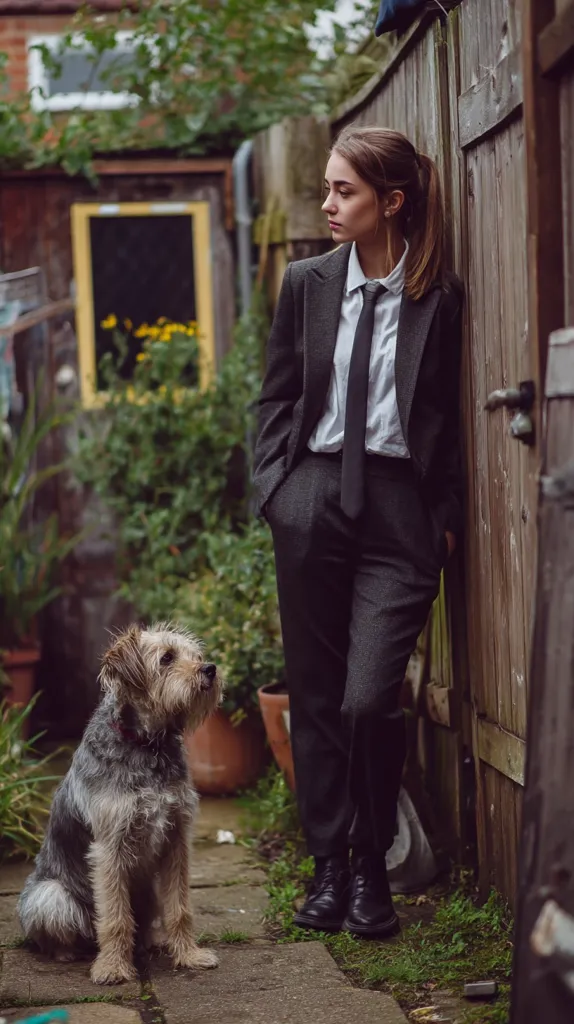 A young woman in a dark grey suit and black tie stands against a wooden fence in a backyard.  She has her hands in her pockets and appears pensive. A scruffy terrier-mix dog sits calmly at her feet, looking towards her. The setting is a somewhat overgrown garden with a shed visible in the background.  The overall mood is quiet and contemplative.
