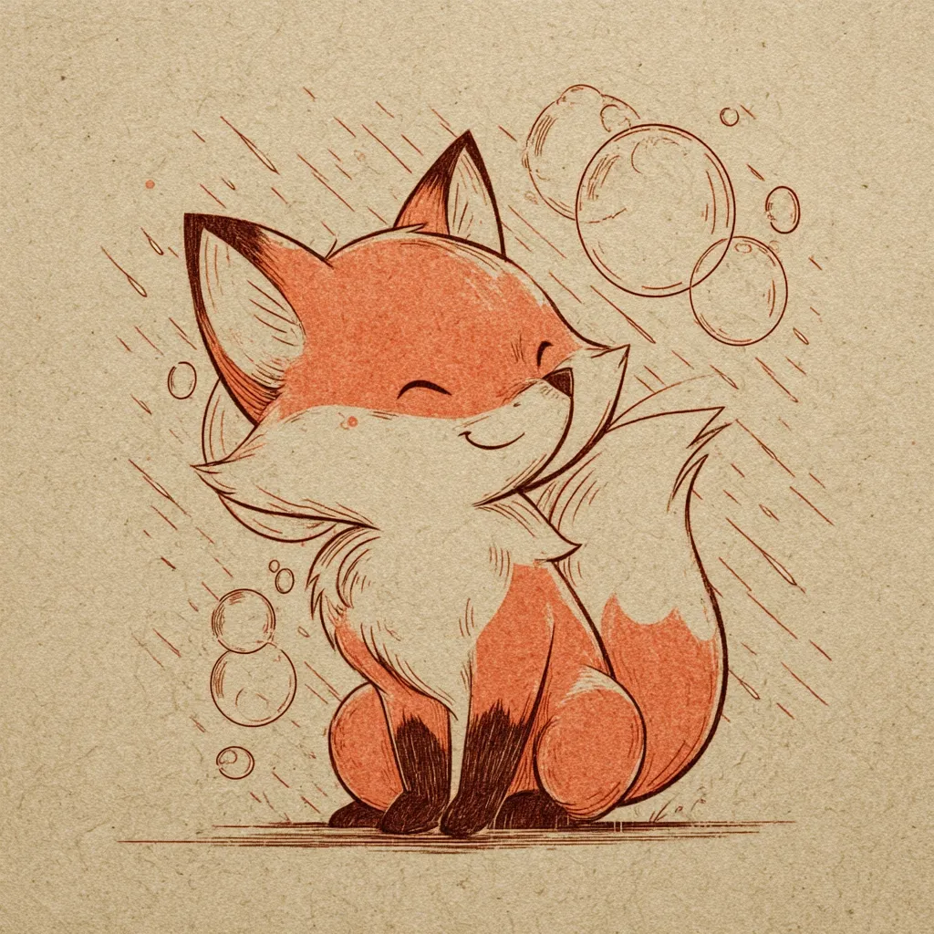 An illustration of a cute, cartoon fox sitting in the rain.  The fox is drawn in a warm orange tone with detailed fur texture, and has a happy expression.  Surrounding it are several floating soap bubbles, adding to the whimsical, lighthearted feel of the image. The background is a textured beige, mimicking kraft paper. The style is reminiscent of vintage children's book illustrations.