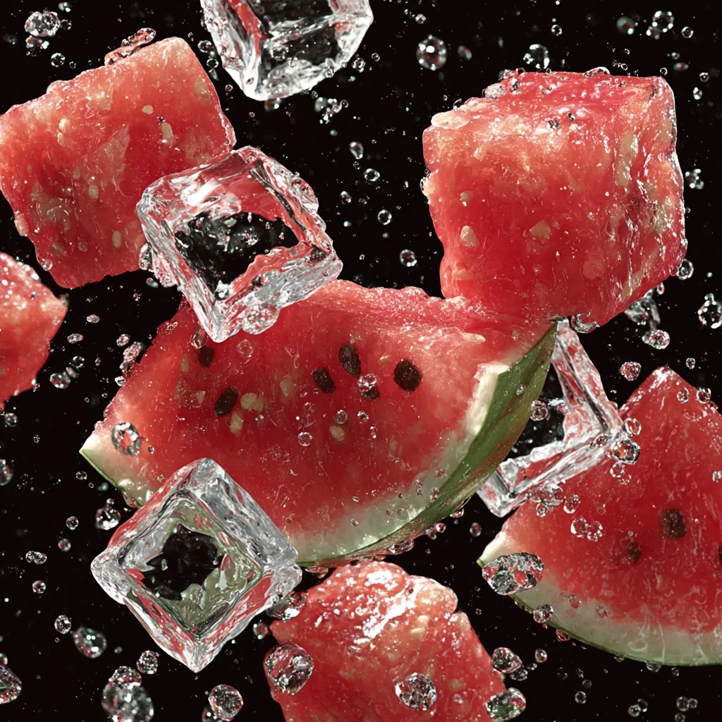 Juicy watermelon chunks and ice cubes splash against a black background.  Water droplets surround the vibrant red fruit, creating a dynamic, refreshing image. The scene suggests a cool, summery drink or a refreshing treat.  The contrast between the red watermelon and the clear ice is visually striking.