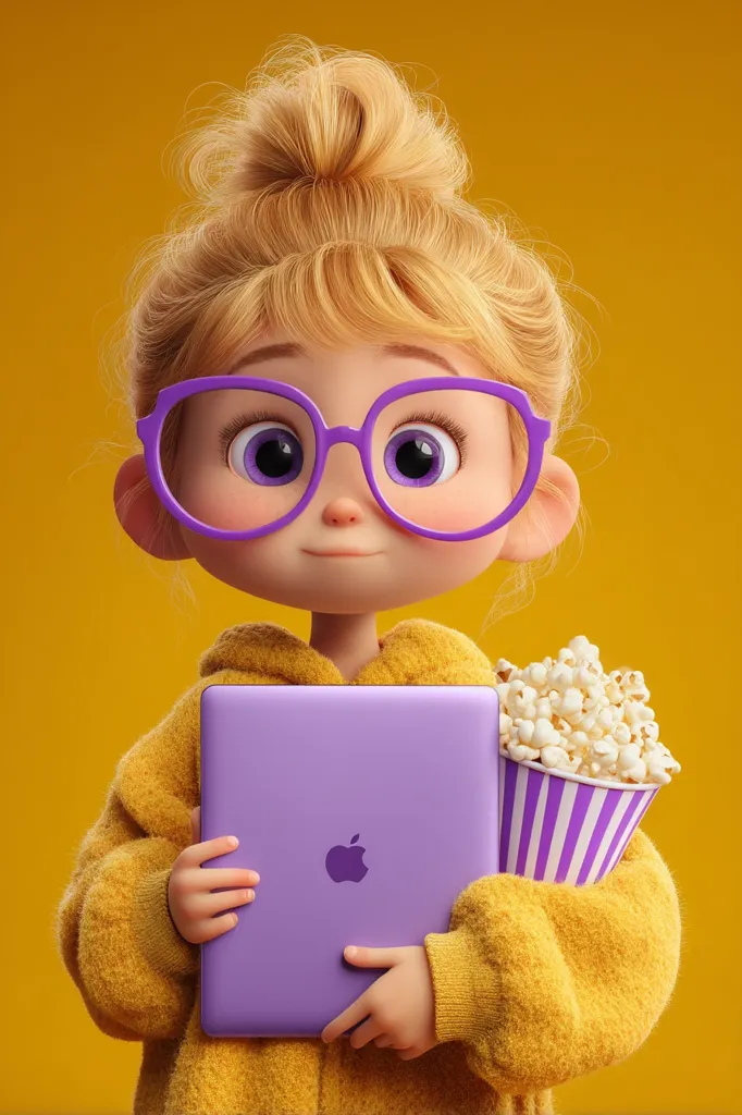 A cute, cartoon girl with blonde hair in a bun and purple glasses holds a purple iPad and a bucket of popcorn. She's wearing a mustard yellow sweater.  The girl's large eyes and cheerful expression create a charming and playful image, set against a solid yellow background.  The overall style is digitally rendered and highly stylized.