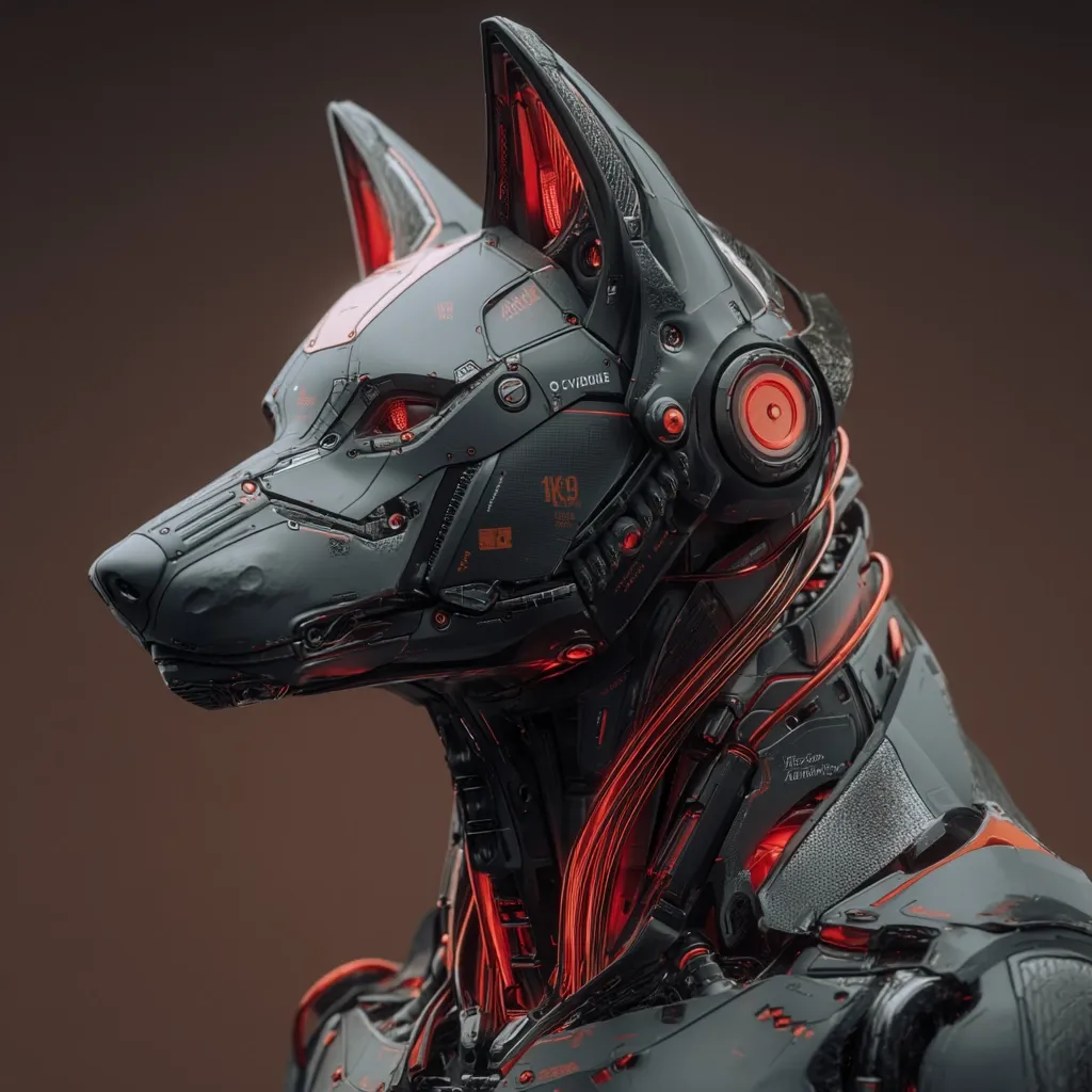 A futuristic robotic canine, sleek and dark grey, is depicted in profile.  Intricate details reveal glowing red wires and circuitry, suggesting advanced technology.  The robotic dog's head is helmet-like, with glowing red eyes and markings indicating a designation, possibly "K9." The overall aesthetic is one of cyberpunk style, blending mechanical elements with animalistic design.