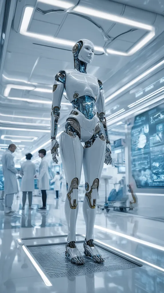 A sophisticated humanoid robot stands in a sterile, futuristic laboratory.  Its white body reveals intricate internal mechanisms.  Scientists or technicians, blurred in the background, observe the robot, highlighting its advanced design and potential applications in a technologically advanced environment.  The clean lines and bright lighting emphasize the robot's presence and the futuristic setting.
