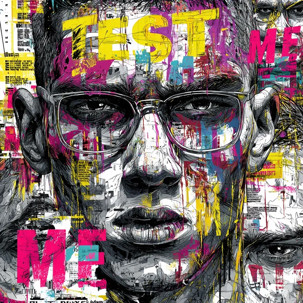 A vibrant, abstract portrait explodes with color and texture.  A face, rendered in meticulous pen strokes, is overlaid with bold, graffiti-style lettering – "TEST ME" – and fragmented newspaper clippings.  Bright splashes of pink, yellow, and teal contrast with the grayscale undertones of the central figure.  The style is a dynamic blend of realism and urban art, creating a powerful and layered image.