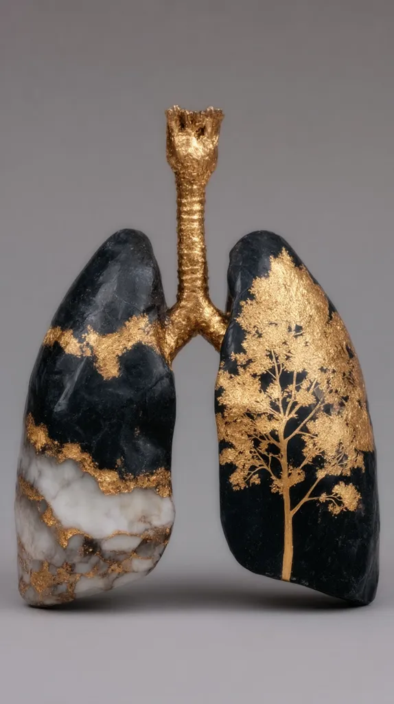 A striking sculpture depicts a pair of lungs, crafted from dark stone with accents of gold leaf.  One lung shows gold flecks, the other a detailed gold tree. The trachea is a gold-colored structure connecting the two. The artwork presents a powerful visual metaphor, possibly relating to nature, health, or environmental themes.  The contrast between the dark stone and the luminous gold is visually arresting.