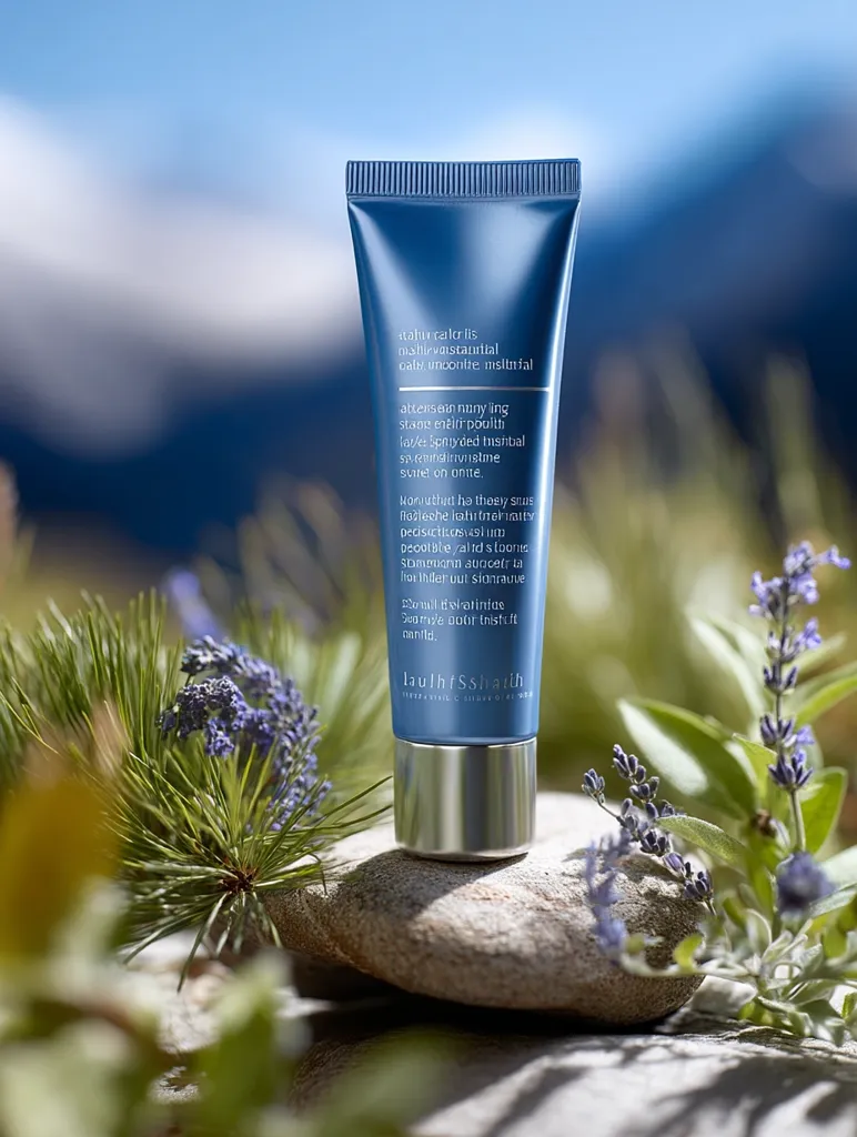A dark-blue tube of  Laithwaite skincare sits on a rock amongst lavender and pine.  The tube features multilingual text, highlighting a daily, uncongested multi-effect.  The serene outdoor setting emphasizes the product's natural elements.  The image promotes a sense of calm and natural beauty.
