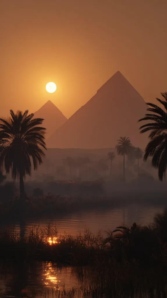 Silhouetted pyramids rise majestically against a vibrant orange sunset.  Palm trees dot the hazy landscape, their fronds reaching towards the setting sun. A calm river reflects the warm glow, creating a serene and timeless scene. The atmosphere is peaceful and evokes a sense of ancient mystery.
