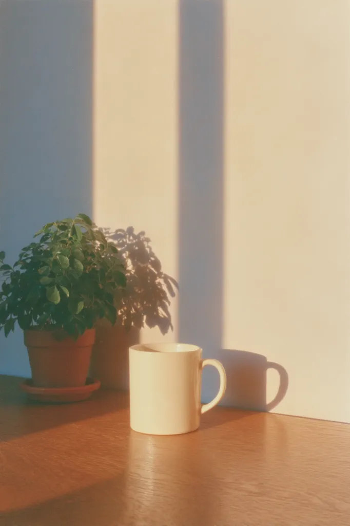 Warm sunlight streams through a window, casting long shadows on a light wood table.  A small potted plant sits beside a simple, off-white mug. The scene is peaceful and evokes a feeling of calm and serenity. The soft light enhances the natural beauty of the plant and the simplicity of the mug.