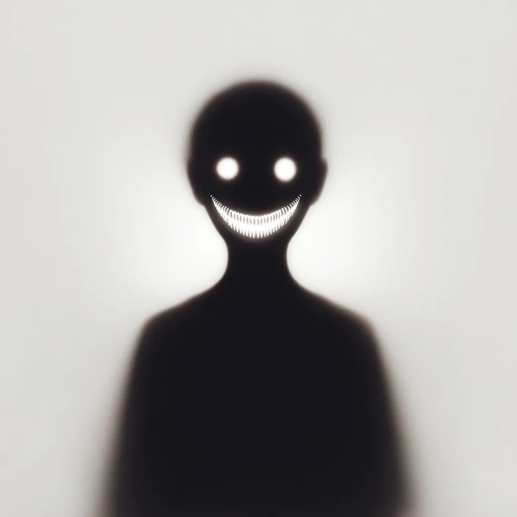 The image depicts a shadowy figure, its form mostly obscured, against a light gray background.  Only the face is discernible, revealing bright, glowing eyes and a wide, unsettling grin with sharp, pointed teeth. The overall effect is unsettling and evokes a sense of unease and the uncanny.  The contrast between the dark figure and the light background intensifies the ominous mood.