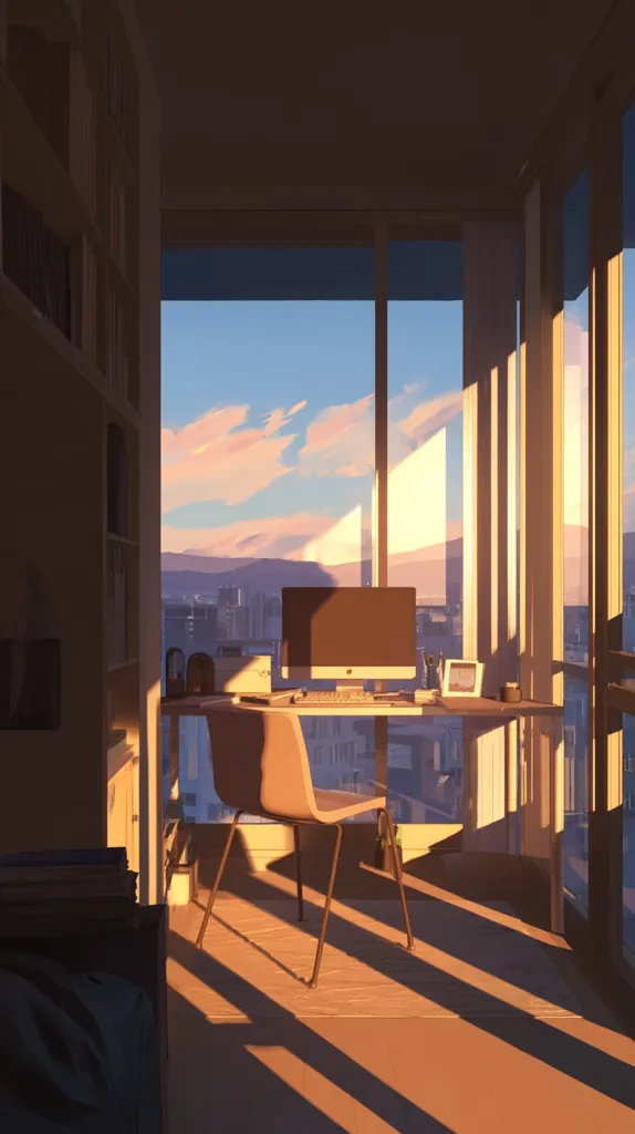 Warm sunset light streams through large windows in a minimalist home office. A desk with a computer and chair sits bathed in golden hues, casting long shadows across the floor.  A bookcase filled with books lines one wall, adding to the serene and peaceful atmosphere of the high-rise apartment. The cityscape outside is visible through the expansive glass windows.