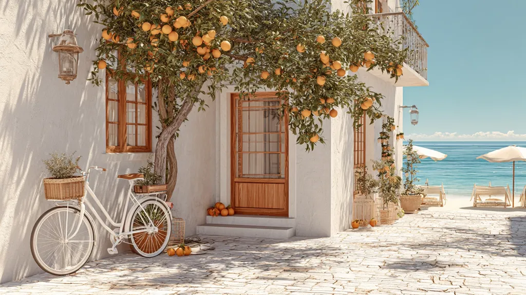 A picturesque Mediterranean scene unfolds: a whitewashed building adorned with an orange tree overflowing with fruit.  A white bicycle with a wicker basket sits near the doorway, adding to the charming ambiance.  The cobblestone street leads to a tranquil beach with parasols and lounge chairs under a sunny sky, creating a serene and idyllic coastal setting.