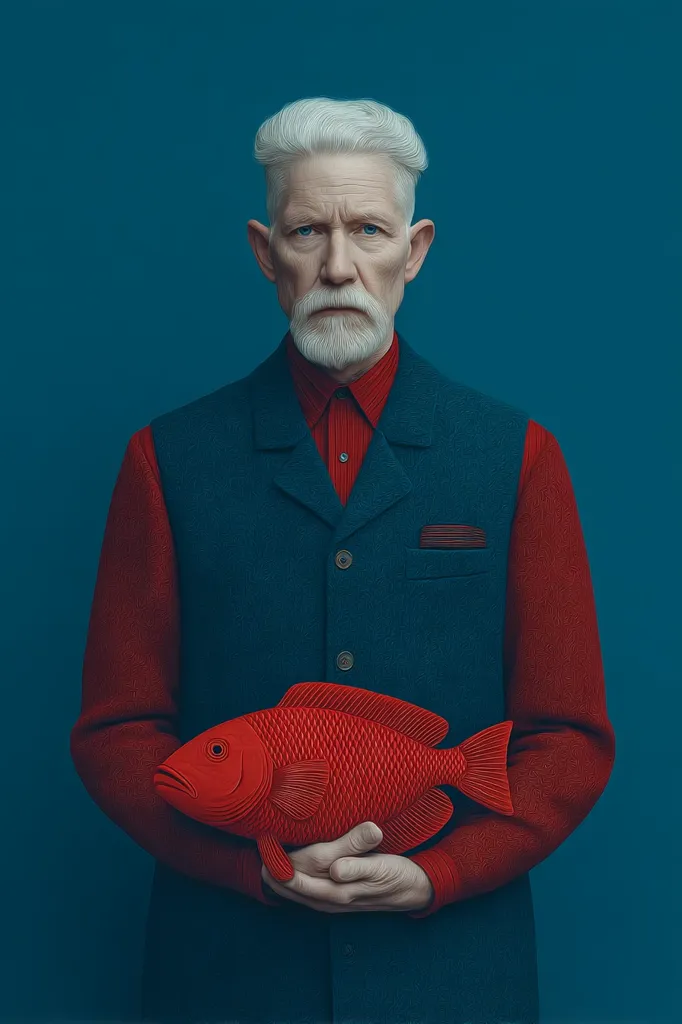 A portrait of an older man with short, styled white hair and a well-groomed white beard. He's dressed in a teal vest over a red long-sleeved shirt, and his expression is serious.  The man holds a large, intricately carved red fish, creating a striking contrast against his attire and the deep teal background. The image is stylized and has a slightly surreal quality.