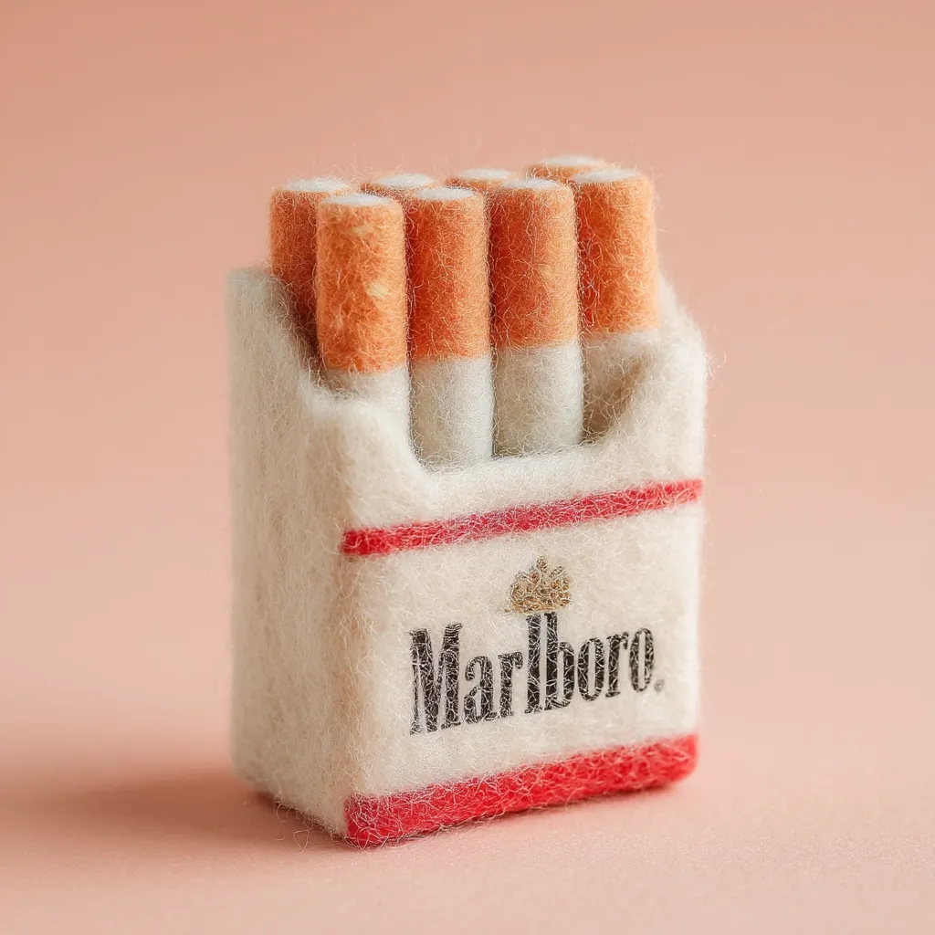 A miniature pack of Marlboro cigarettes, meticulously crafted from felt, sits on a pale pink surface.  The cigarettes are individually formed with orange and white felt, accurately replicating the appearance of real cigarettes.  The pack itself is white felt with a red band and the Marlboro logo embroidered in black.  The overall effect is a charmingly realistic yet undeniably soft and tactile representation.