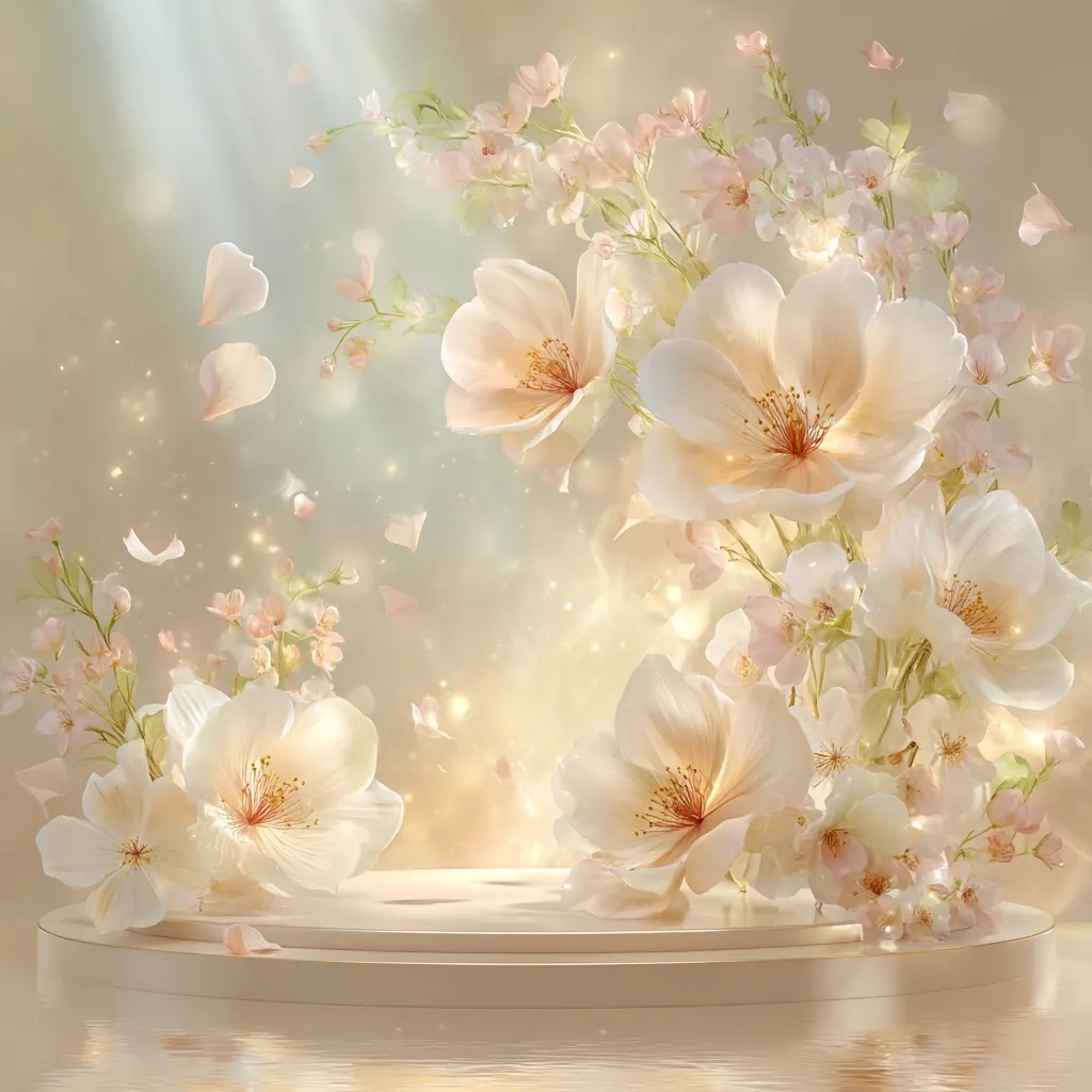 A dreamy image depicts a circular platform adorned with delicate, creamy-white blossoms.  Soft light beams illuminate the scene, casting a gentle glow on the flowers and petals falling gracefully.  The overall effect is ethereal and romantic, suggestive of spring or a tranquil, serene atmosphere.  The background is a muted, pastel palette, enhancing the flowers' delicate beauty.