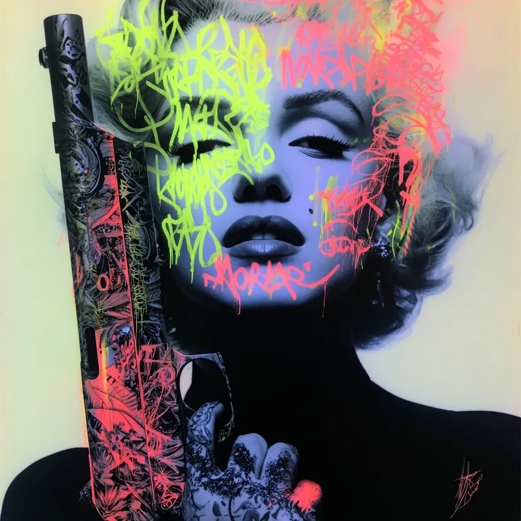 A vibrant, stylized portrait of Marilyn Monroe is overlaid with graffiti-style text and imagery.  She holds a gun intricately decorated with similar designs. The color palette is neon pink, green, and blue, contrasting sharply with the monochrome base. The image blends pop art with street art aesthetics, creating a powerful and edgy visual statement.  The overall mood is dark and provocative.