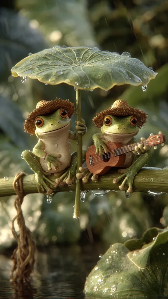 Two adorable frogs, wearing straw hats, sit on a branch under a large leaf acting as an umbrella during a gentle rain.  One frog serenades the other with a miniature ukulele.  The scene is idyllic and whimsical, evoking feelings of peace and tranquility in nature. Water droplets cling to the leaves and the frogs, enhancing the magical atmosphere.
