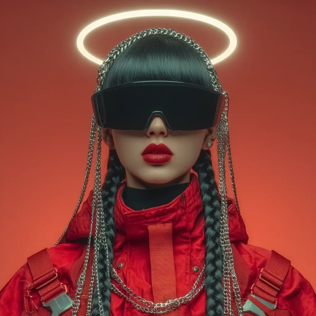 A young woman with black hair styled in braids adorned with silver chains wears futuristic black goggles and a vibrant red jacket.  A glowing halo encircles her head against a bold orange background, creating a striking contrast and a surreal, almost angelic, aesthetic. Her bold red lipstick adds to the image's dramatic impact.