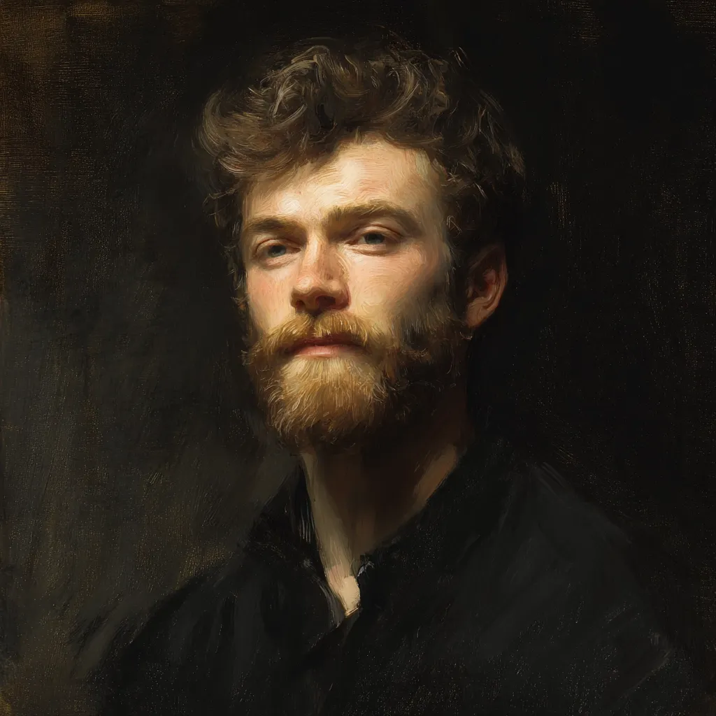 A close-up portrait of a man with a beard. He has light skin, blue eyes, and his hair is styled in a somewhat messy fashion.  He's wearing a dark collared shirt, and the painting style is realistic, with visible brushstrokes creating depth and shadow. The dark background accentuates the subject's face and features.  The overall mood is serious and contemplative.