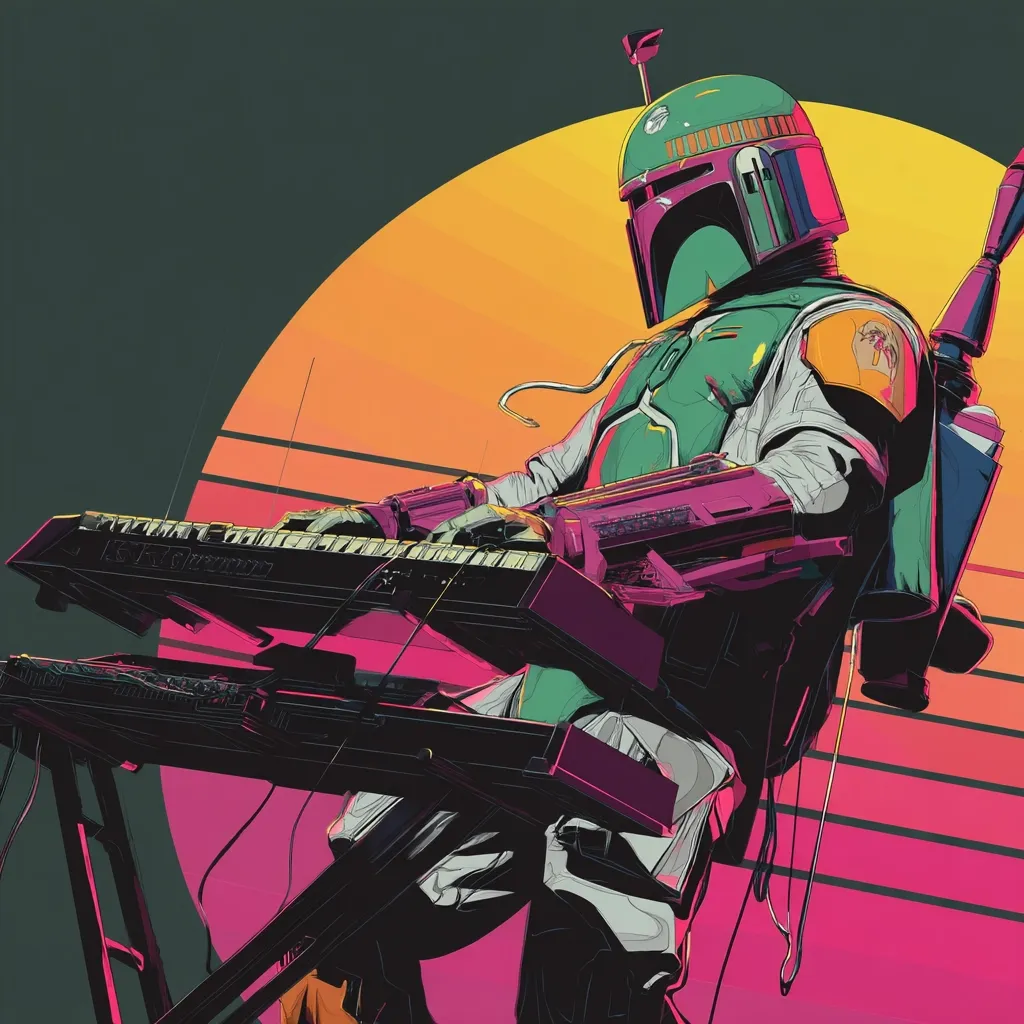 A stylized illustration of Boba Fett, the Star Wars bounty hunter, playing a synthesizer.  The artwork is in a vibrant 80s synthwave aesthetic, featuring bold colors and geometric shapes.  Boba Fett's iconic Mandalorian armor is rendered with sharp lines and a retro color palette against a backdrop of a sunset-like orb. The scene is dynamic, showing Fett passionately engaged in his musical performance.