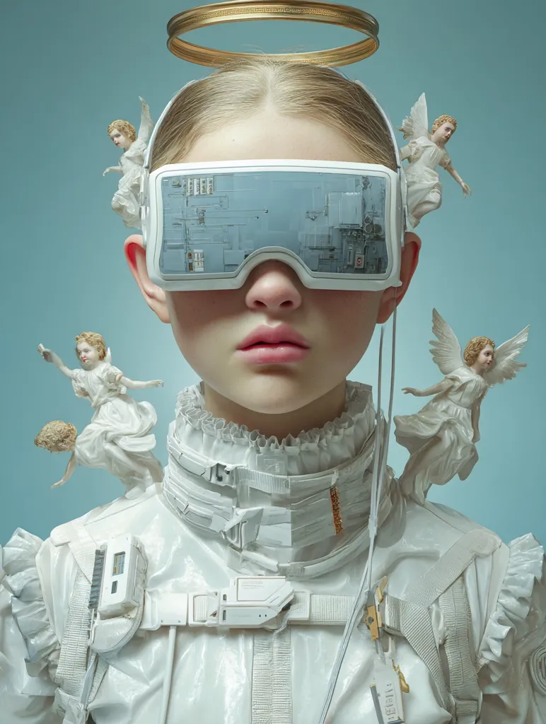 A young girl, wearing a white futuristic suit and VR headset, is adorned with miniature angel sculptures.  A golden halo rests atop her head. The scene blends religious iconography with technological advancements, creating a surreal and thought-provoking image. The girl's serene expression contrasts with the complex details of her attire and the ethereal presence of the angels.